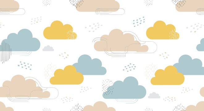 Minimal cloud shapes with abstract stars, seamless pattern, repeating pattern, surface design, textile print, soft color palette, modern illustration, no