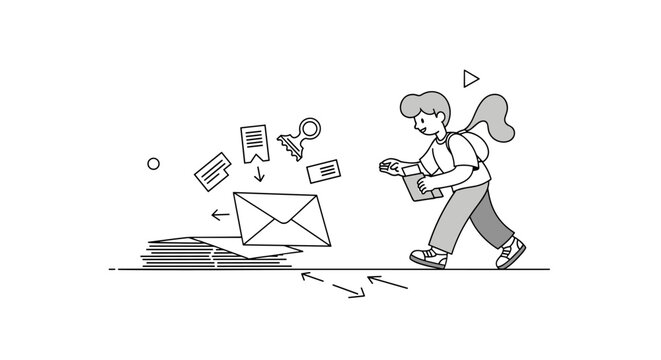 Mail sorting. A single stack of envelopes is placed on a minimal surface while one envelope slides forward, highlighted by subtle arrows. Small labels and