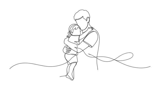 "Emotional Growth in Children". Minimalistic one-line drawing child hugging parent with soft connection lines indicating care and support, continuous single