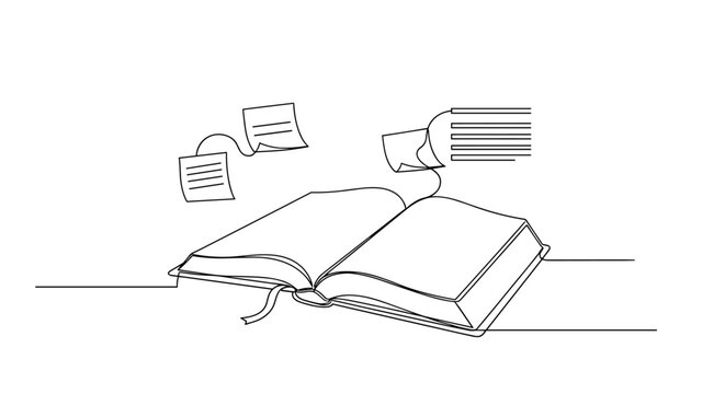 "Scripture Study". Minimalistic one-line drawing Bible on table with simple notes and subtle focus lines, continuous single black line on white background,