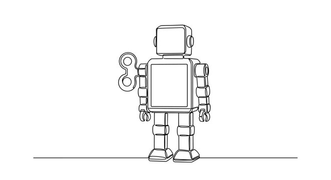 "Retro Robot Toy". Minimalistic one-line drawing vintage wind-up robot with a key on its back and boxy body, continuous single black line on white background,