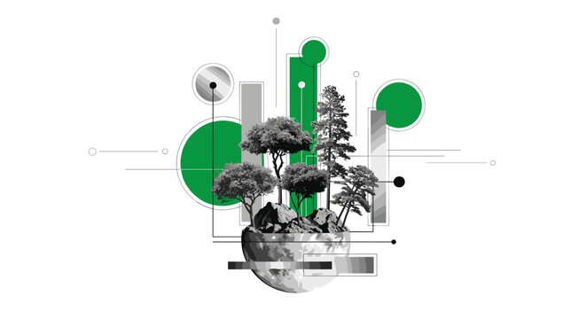 moon with trees sprouting from its surface as main subject, black and white realistic textures of lunar craters and tree foliage, bold green and silver