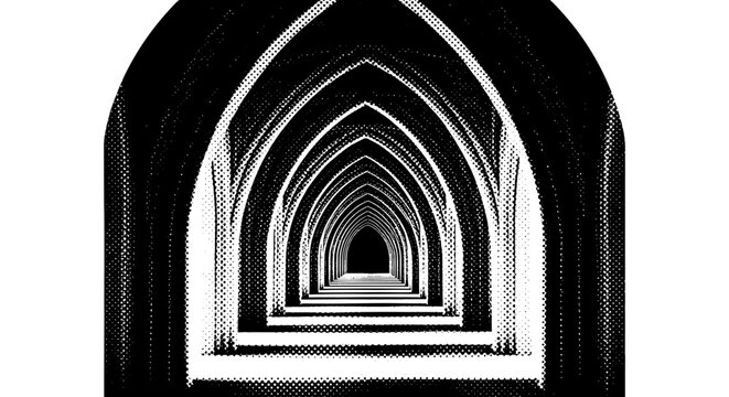 A long Victorian gothic corridor at night with repeating pointed arches fading into darkness, centered with strong perspective, minimal composition, black and