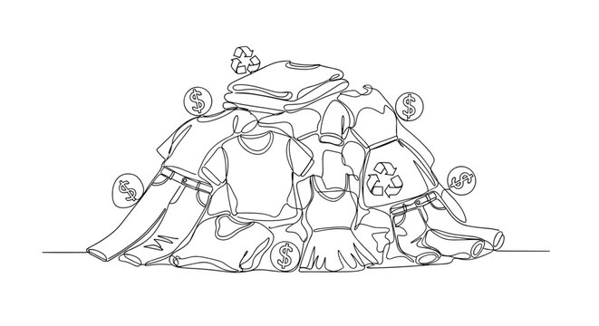 "Fast Fashion Impact". Minimalistic one-line drawing pile of clothing with dollar signs and recycling symbols indicating waste, continuous single black line on