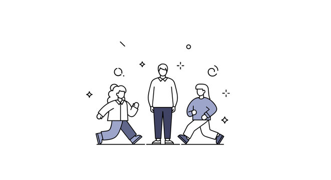 Minimal elegance. A central figure dressed in simple, high-quality clothing stands calmly, with soft lines and minimal decorative shapes around them. Tiny