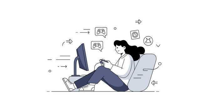 Home gaming. A person sits comfortably with a controller, focused on a screen with minimal game icons floating nearby. Subtle motion lines and dots emphasize