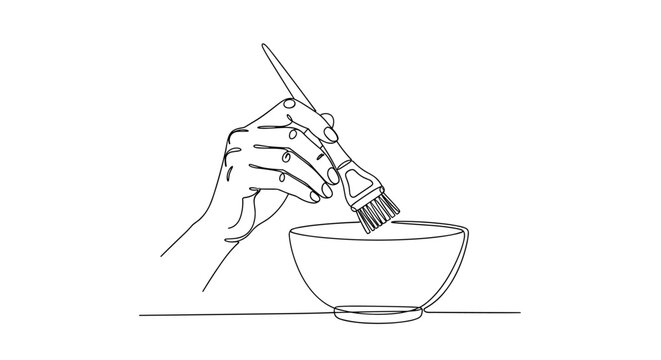 "Salon Tool Detail". Minimalistic one-line drawing stylist hand holding a tint brush with bowl beside it, continuous single black line on white background,