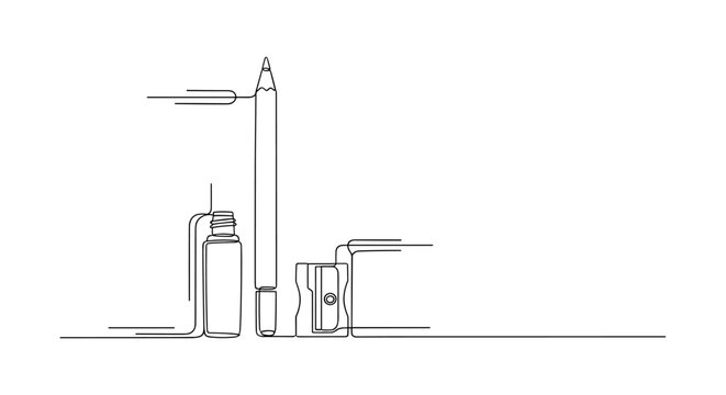 "Beauty Routine Items". Minimalistic one-line drawing eyeliner pencil and sharpener arranged neatly with subtle motion line, continuous single black line on