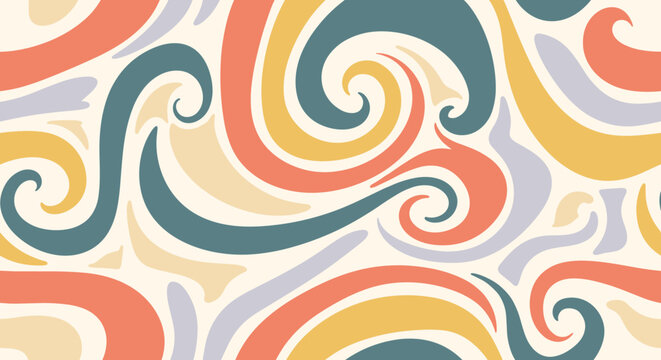 Abstract swirl lines, seamless pattern, repeating pattern, surface design, textile print, soft color palette, modern illustration, no shadows, flat lighting,