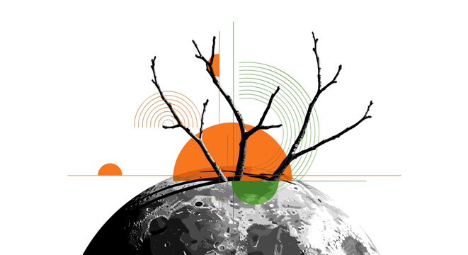 close-up of branches emerging from moon surface, monochrome textures with high contrast, abstract orange and green geometric shapes symbolizing life and