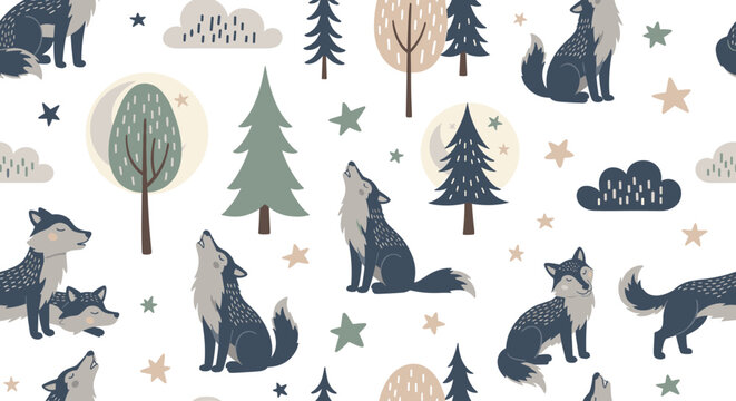 Cute wolves forest night, seamless pattern, repeating pattern, surface design, textile print, soft color palette, modern illustration, no shadows, flat