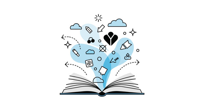 Literary works. An open book rests at the center while abstract shapes like clouds, stars, and tiny icons rise from its pages, forming a flowing story scene.