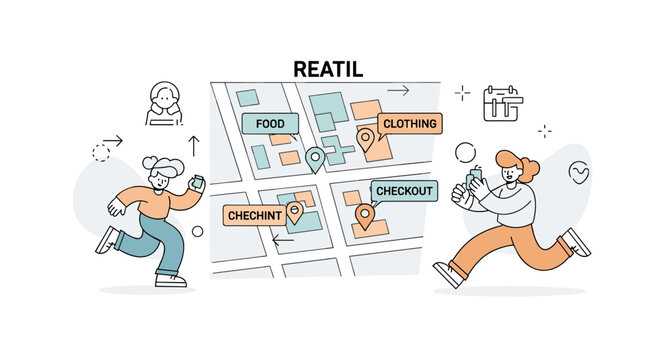 Retail navigation. A central map panel highlights different store sections like food, clothing, and checkout using simple labeled blocks. Subtle arrows and