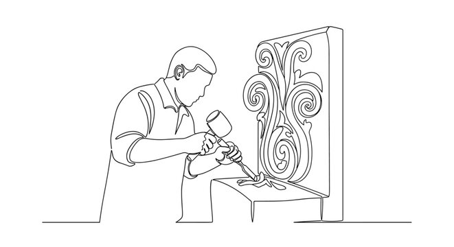 "Woodcraft Art". Minimalistic one-line drawing artisan carving wood with chisel and mallet creating decorative piece, continuous single black line on white