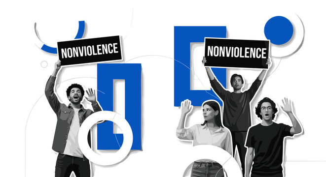 peaceful protest with people holding nonviolence signs as main subject, black and white realistic figures with expressive gestures, bold white and blue