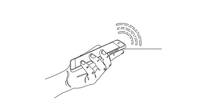 "Voice Interaction". Minimalistic one-line drawing hand holding smartphone with voice command signal lines, continuous single black line on white background,