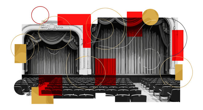 theater stage with velvet curtains and classic seating arrangement, black and white environment with rich depth, bold red and gold geometric blocks structuring