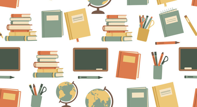 Classroom essentials with books and tools, seamless pattern, repeating pattern, surface design, textile print, soft color palette, modern illustration, no
