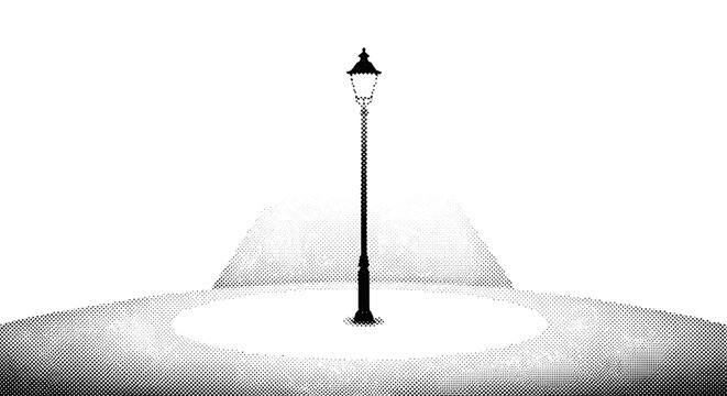 A single streetlamp casting a strong circular halo in the night, centered and minimal composition, black and white halftone illustration, visible dot pattern