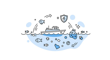 Obraz premium Marine conservation. A single boat gathers waste from the ocean surface, with arrows showing debris being removed. Tiny fish and sparkle icons highlight
