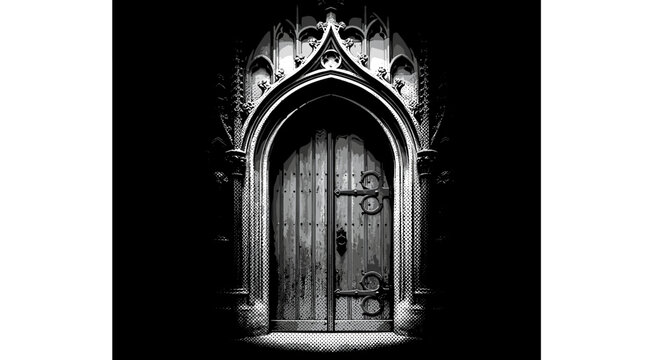 A heavy wooden door framed by gothic architecture emerging from darkness, tightly framed and minimal, monochrome halftone illustration, visible print dots,