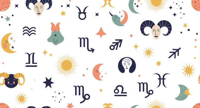 Zodiac astrology symbols, seamless pattern, repeating pattern, surface design, textile print, soft color palette, modern illustration, no shadows, flat