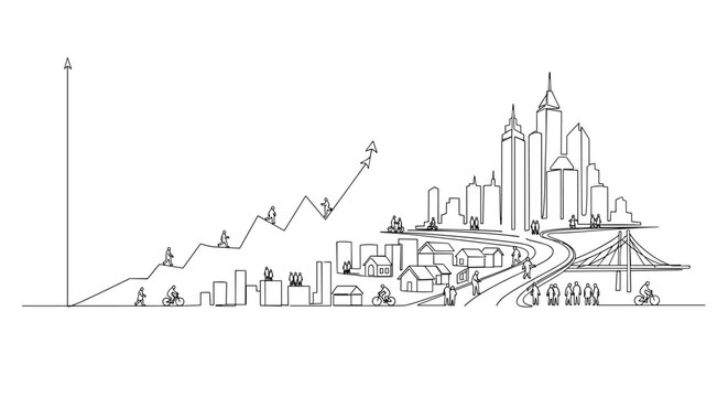 "Economic Progress Path". Minimalistic one-line drawing graph line transforming into urban landscape with people and activity, continuous single black line on