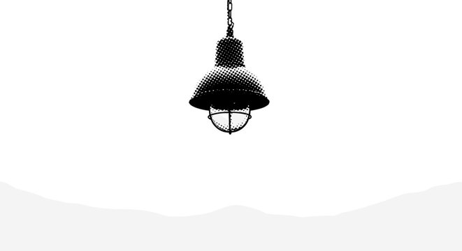 A hanging industrial streetlamp with fog swallowing the lower half, off-center composition with negative space, monochrome halftone illustration, visible print