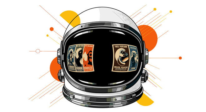 close-up of astronaut helmet and visor reflecting vintage poster textures, monochrome details with strong contrast, abstract orange and yellow geometric shapes