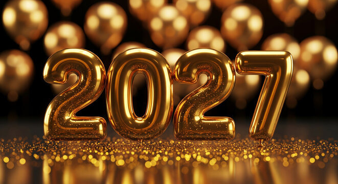Festive golden 2027 numbers with party balloons perfect for New Year celebration banners and holiday event invitations