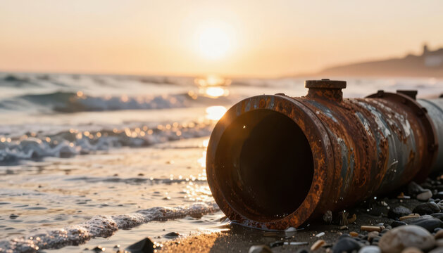 An old, rusty pipe lies on the shore where the waves meet the sand. The sunset reflects on the water, highlighting the pipe and the surrounding beach environment.