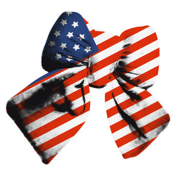 American flag bow ribbon halftone sticker for collage and scrapbook with doodles. Happy USA Independence day, celebration of 4th July design element. Modern retro vector illustration isolated