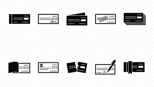 Bank checks and money order solid black icon set for financial transaction business payment checkbook and commerce finance elements