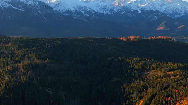The breathtaking aerial view of beautiful nature in Tantra mountains in autumn