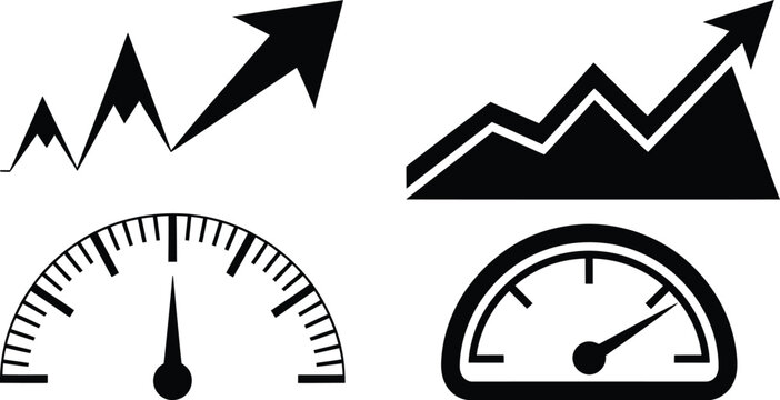 Vector illustration of graphs and speedometers indicating growth progress performance with speedometer progress performance increase measurement