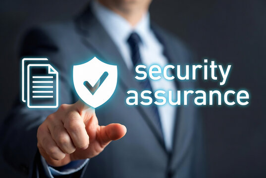 A man in a suit is interacting with digital security assurance icons on a screen, suggesting cybersecurity services. It&rsquo;s set in a professional office environment.