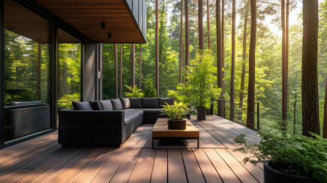 Modern luxury terrace with comfortable outdoor furniture in a pine forest at sunset, minimalist wooden architecture, eco-friendly house design, serene atmosphere, hyper-realistic architectural visuali