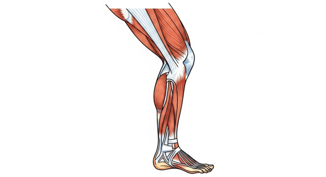Anatomical illustration of human leg muscles and bones.