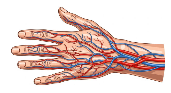 Anatomical illustration of human hand blood vessels.