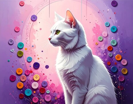 White cat amidst colorful buttons and a pink & purple painted backdrop, oval frame behind it