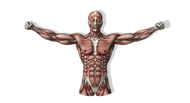 Anatomical illustration of human muscular system front view.