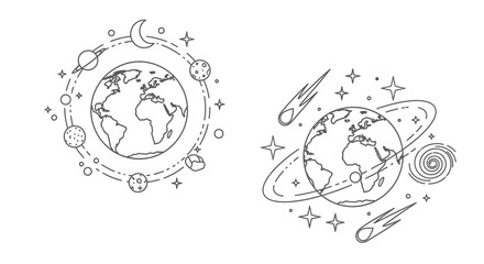 Planets and celestial objects line drawing black and white silhouette © momotaj