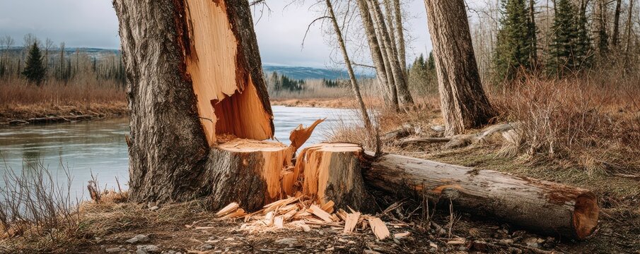 Beaver-chewed tree trunk and fresh stump on a riverbank in a quiet forest