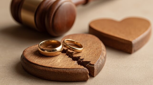 A judge's gavel is placed near a broken wooden heart split into two pieces with two gold wedding rings, symbolizing divorce and separation, a legal concept.