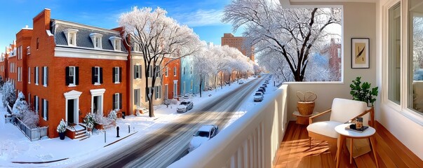 Obraz premium View from a balcony of snow-covered row houses and a tree-lined street in Washington D.C.