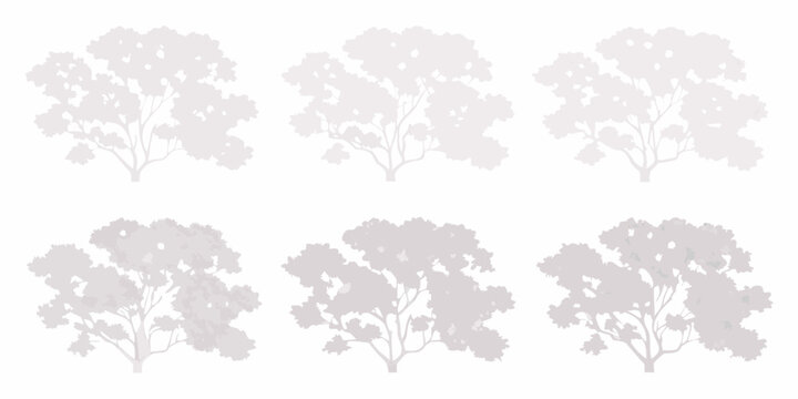 Tree silhouettes six elements soft gray tones isolated on white