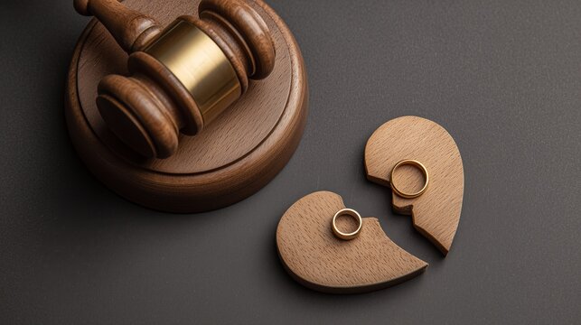 A judge's gavel is placed near a broken wooden heart split into two pieces with two gold wedding rings, symbolizing divorce and separation, a legal concept.
