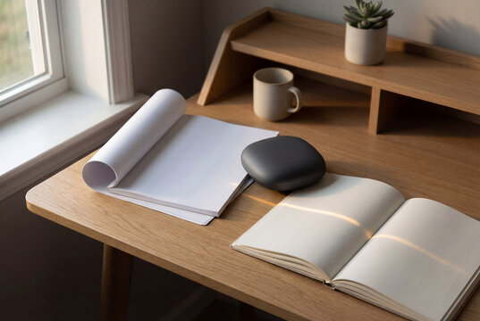 Home office automation scene: matte AI hub casts a thin scan line over an open notebook. Tidy desk with papers and coffee in warm window light. Ideal for focus and summarizing notes.