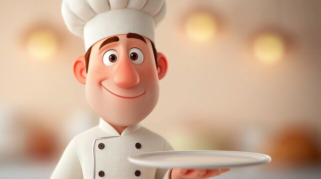 Pastry chef caricature holding blank cake stand in bakery setting