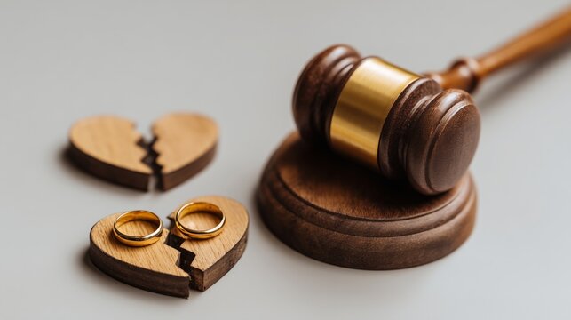 A judge's gavel is placed near a broken wooden heart split into two pieces with two gold wedding rings, symbolizing divorce and separation, a legal concept.